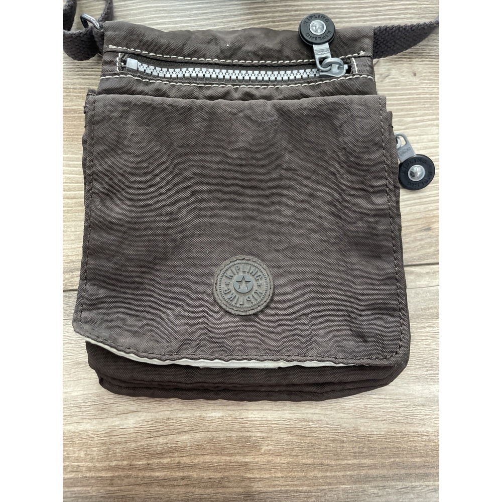 Kipling Small Brown Crinkle Nylon Crossbody Bag Flap Front Adjustable Strap - Picture 3 of 8